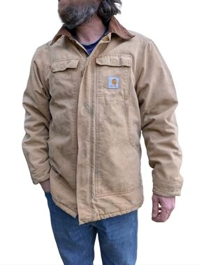 Carhartt Duck Jacket - Workwear Faded  Long Tan Jacket Corduroy Collar -L/XL